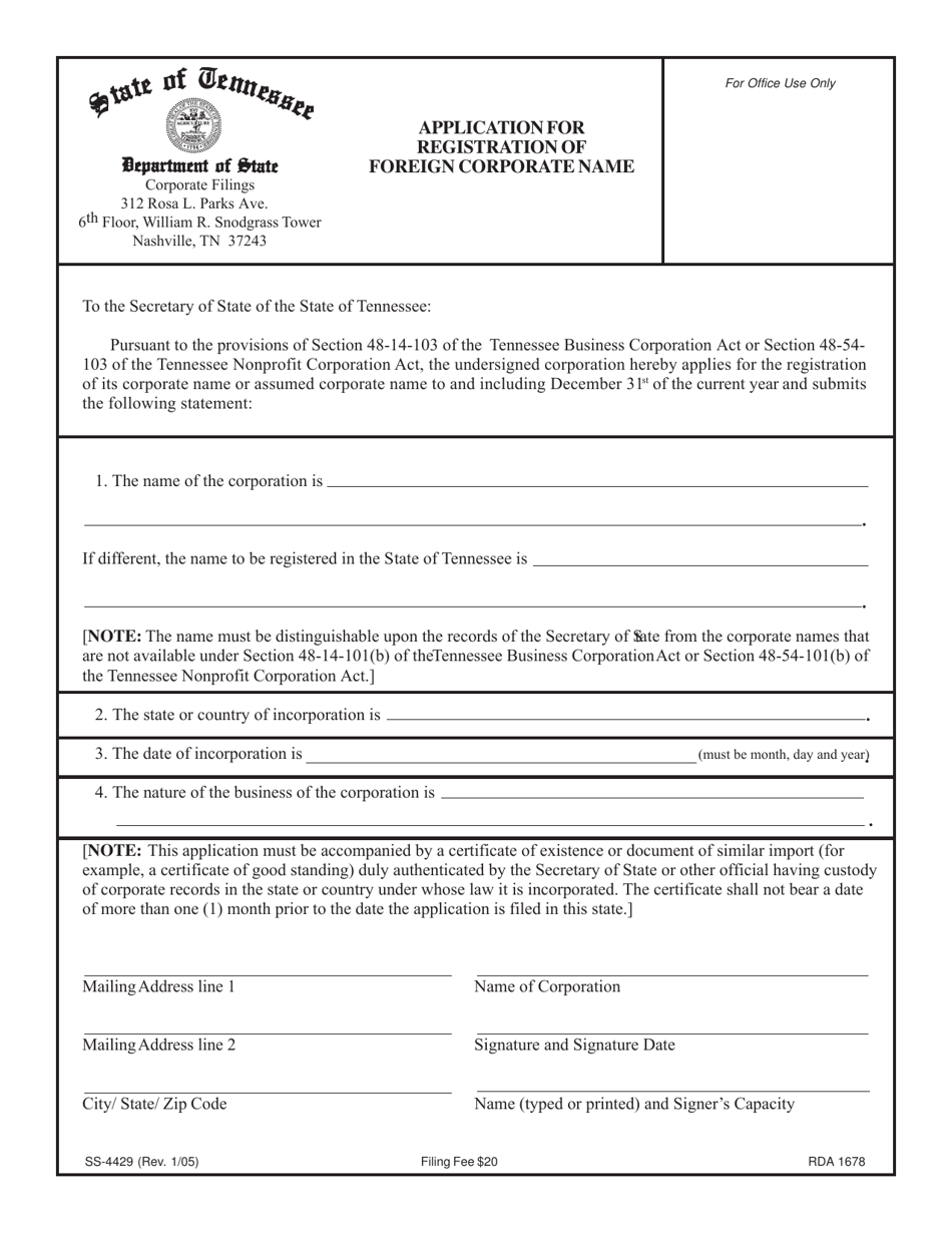 Form SS-4429 Application for Registration of Foreign Corporate Name - Tennessee, Page 1