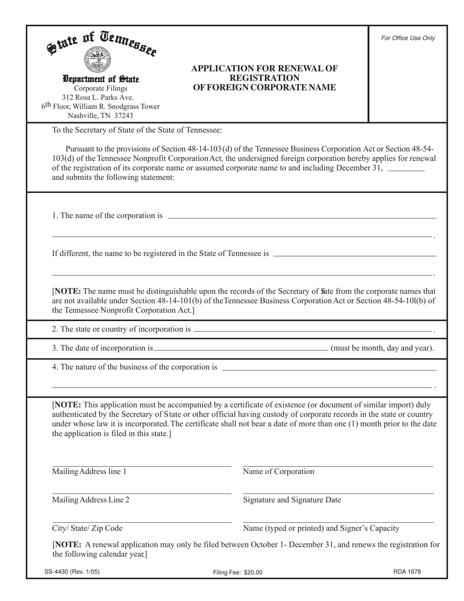 Form SS-4430 Application for Renewal of Registration of Foreign Corporate Name - Tennessee, Page 1