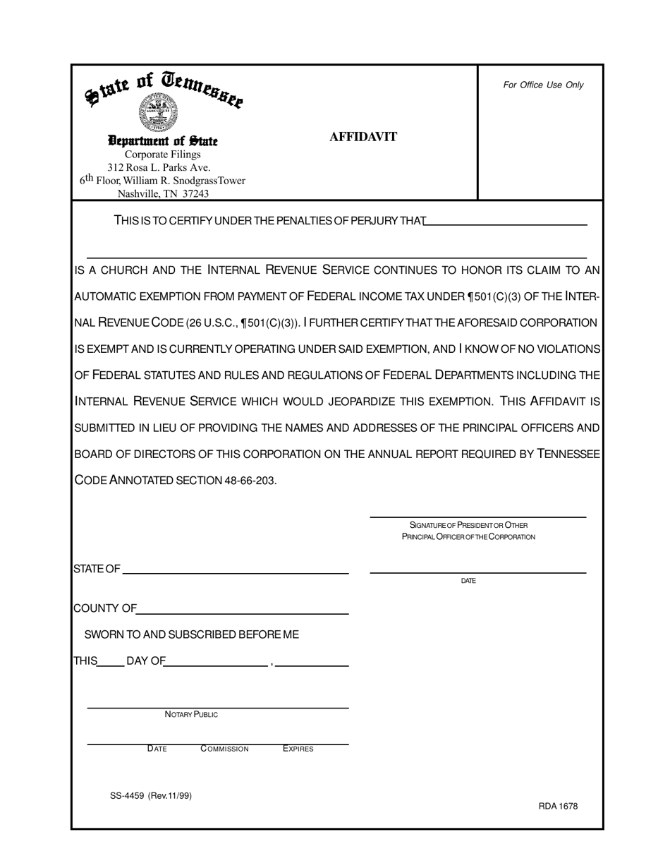 Form SS-4459 Affidavit - Tennessee, Page 1