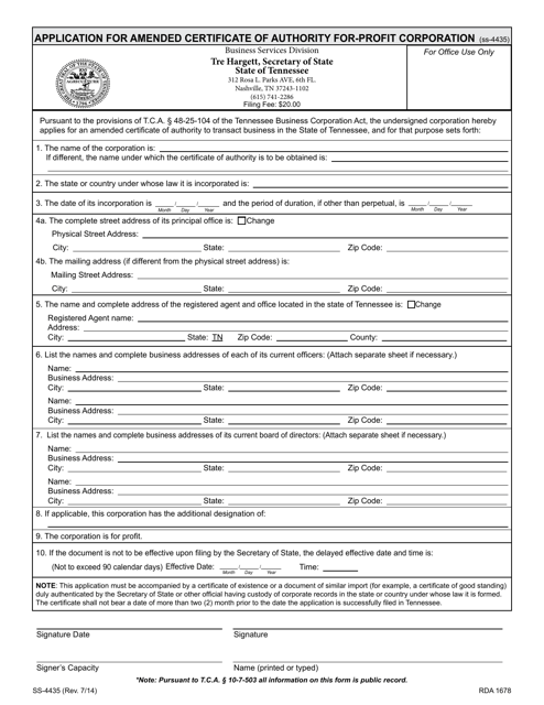 Form SS-4435 Application for Amended Certificate of Authority for-Profit Corporation - Tennessee