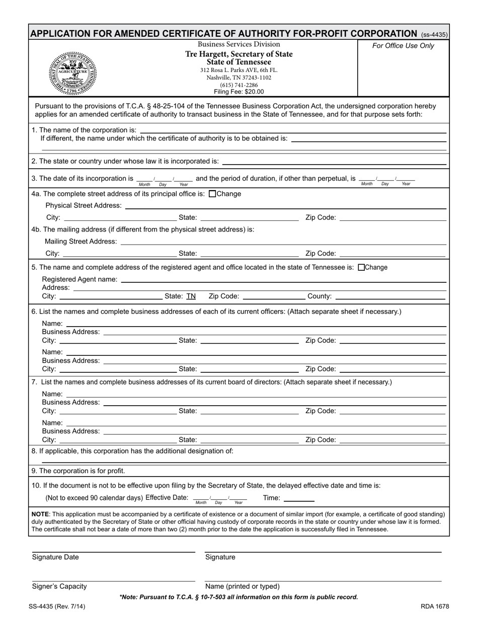 Form SS-4435 Application for Amended Certificate of Authority for-Profit Corporation - Tennessee, Page 1