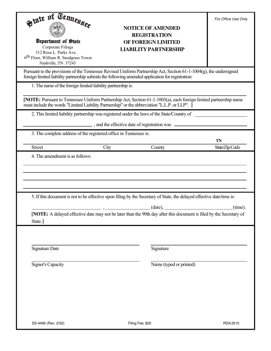 Form SS-4490 Notice of Amended Registration of Foreign Limited Liability Partnership - Tennessee, Page 1