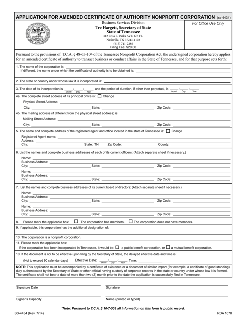 Form SS-4434 Application for Amended Certificate of Authority Nonprofit Corporation - Tennessee