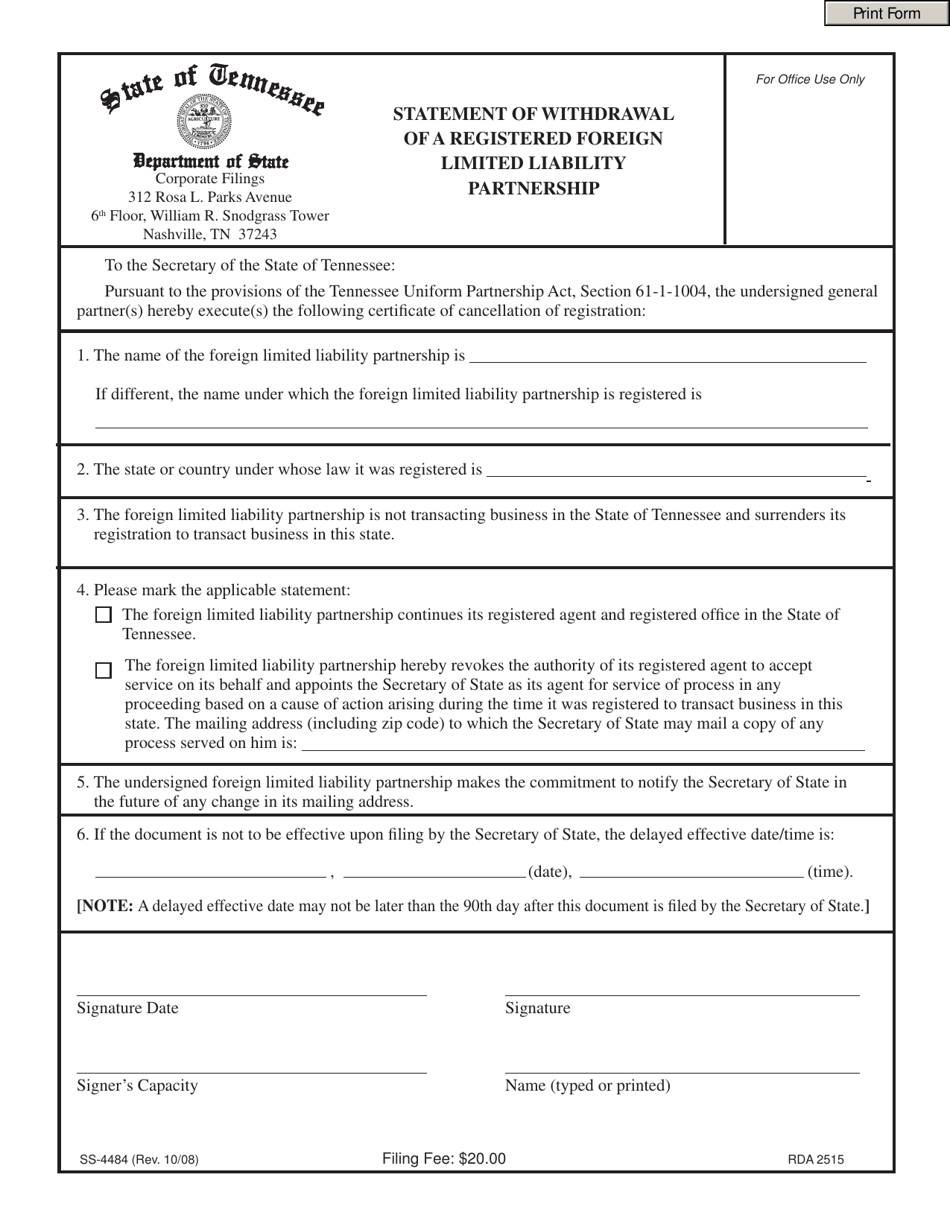 Form SS-4484 Statement of Withdrawal of a Registered Foreign Limited Liability Partnership - Tennessee, Page 1