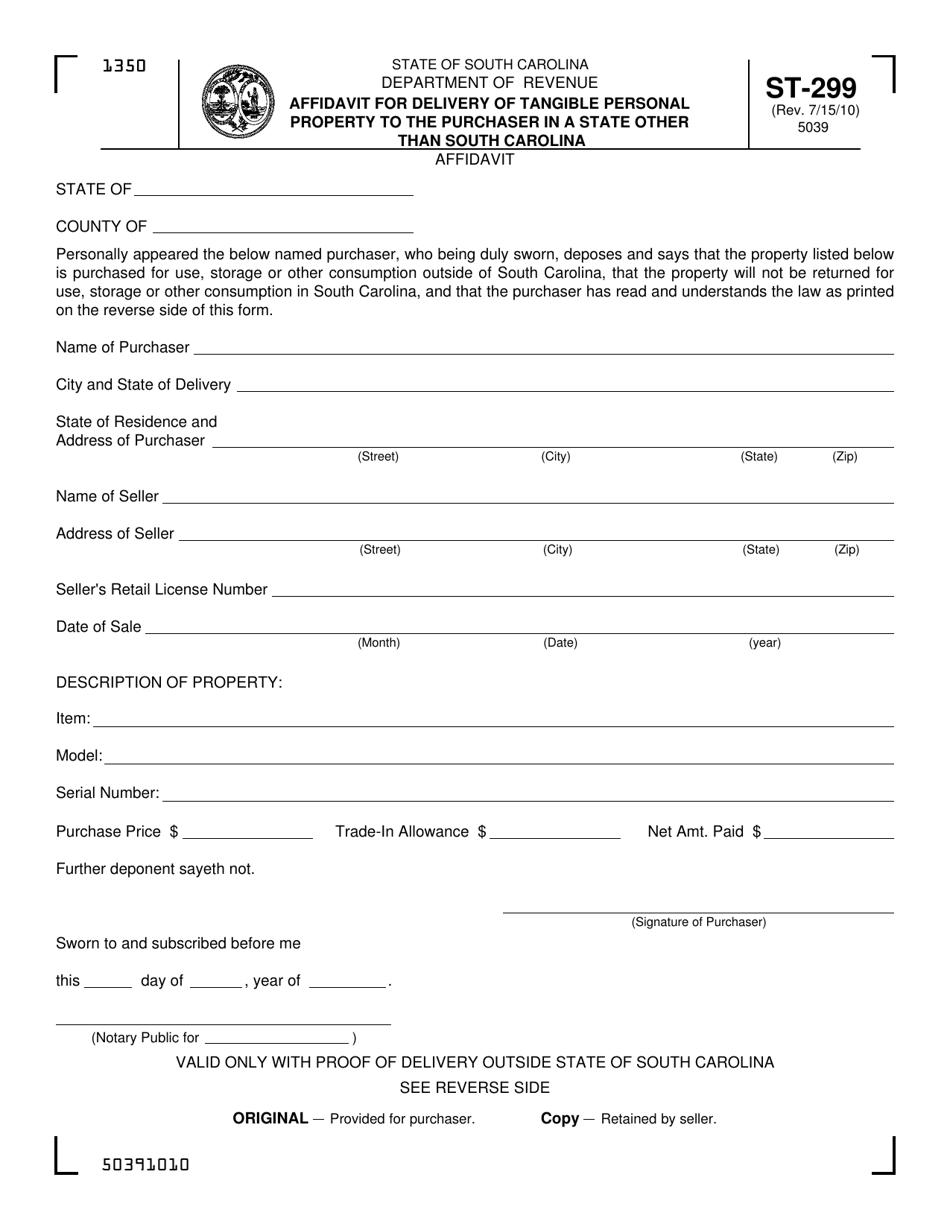 Form ST-299 Affidavit for Delivery of Tangible Personal Property to the Purchaser in a State Other Than South Carolina - South Carolina, Page 1