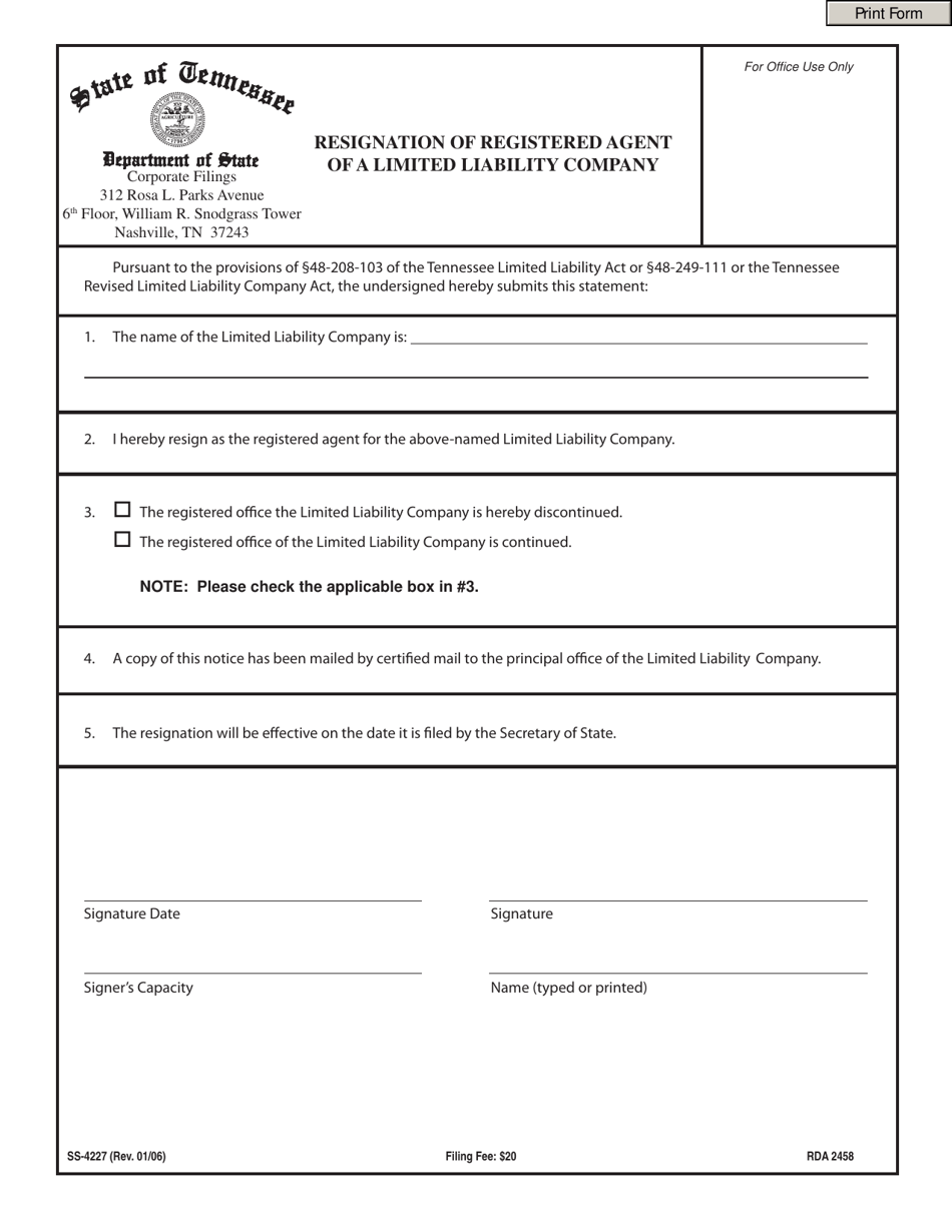 Form SS-4227 Resignation of Registered Agent of a Limited Liability Company - Tennessee, Page 1