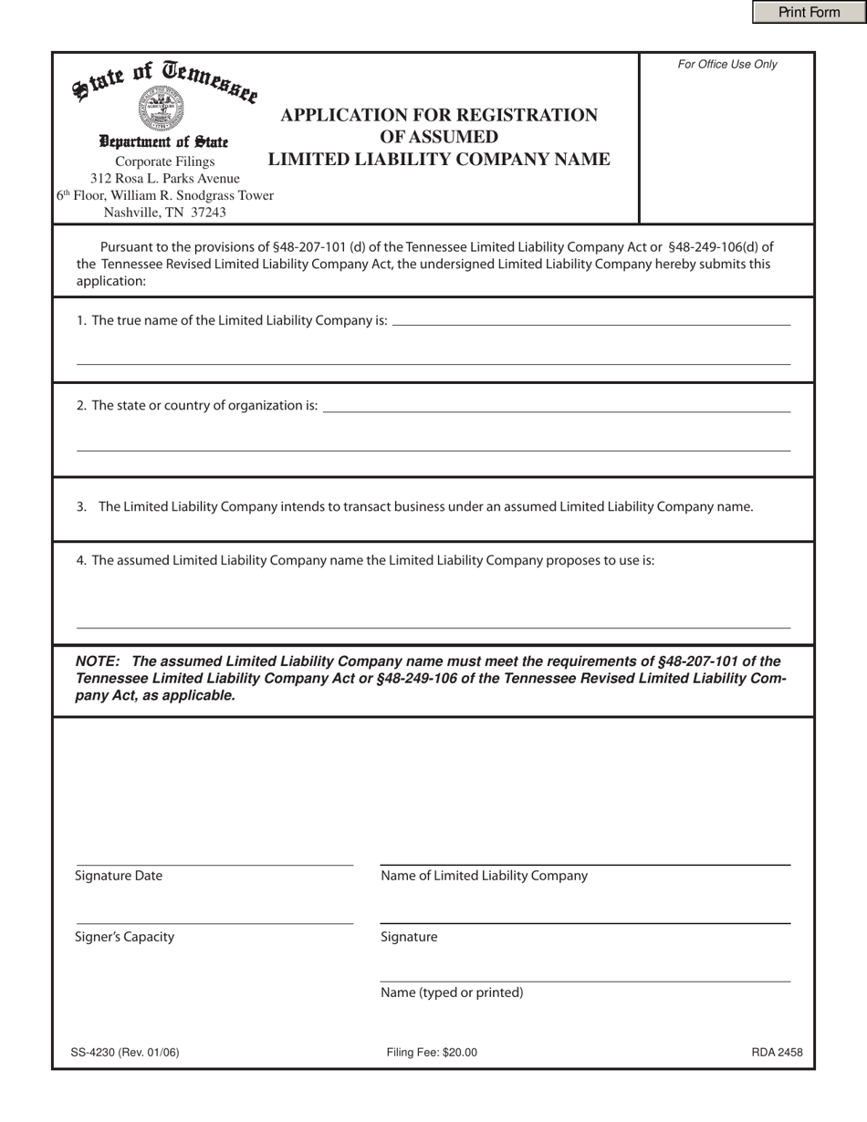 Form SS-4230 Application for Registration of Assumed Limited Liability Company Name - Tennessee, Page 1