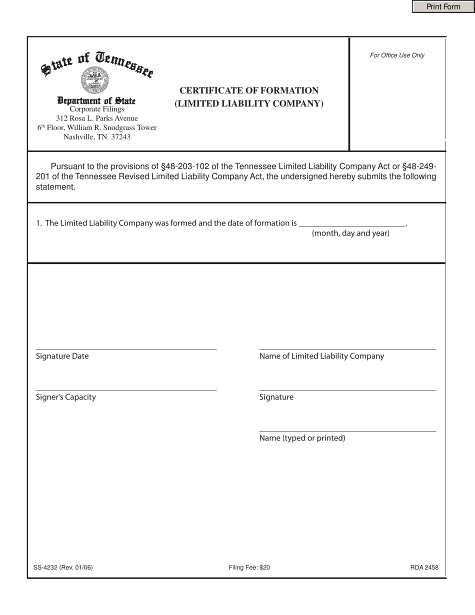 Form SS-4232 Certificate of Formation - Tennessee, Page 1