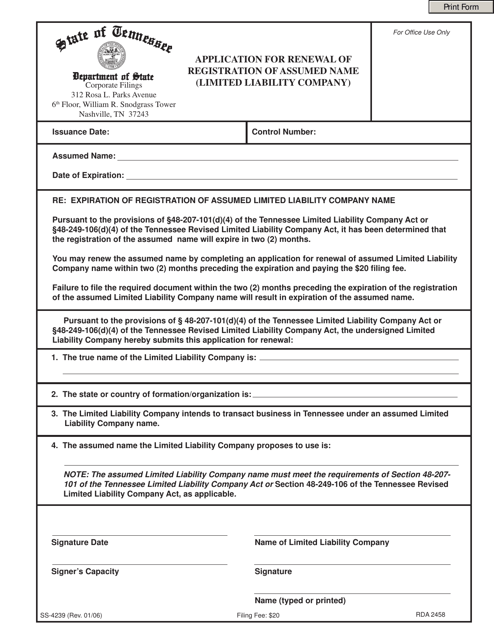Form SS-4239 Application for Renewal of Registration of Assumed Name (Limited Liability Company) - Tennessee