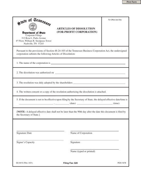 Form SS-4410 Articles of Dissolution - Tennessee
