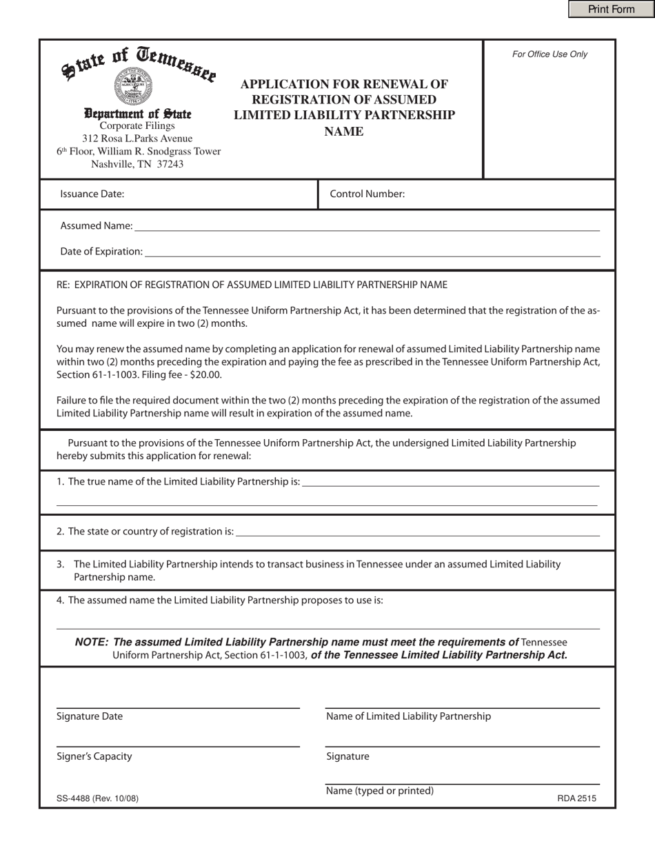 Form SS-4488 Application for Renewal of Registration of Assumed Limited Liability Partnership Name - Tennessee, Page 1