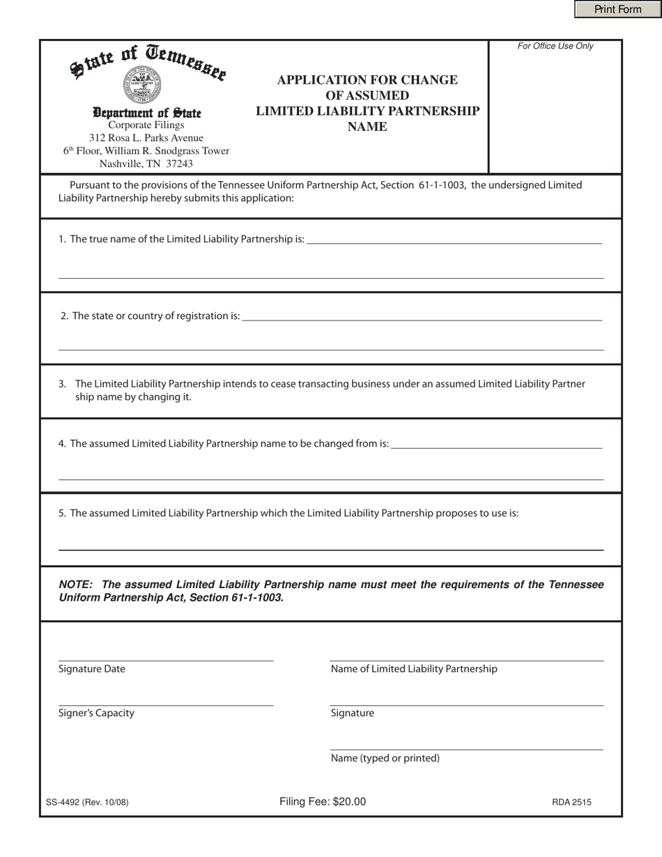 Form SS-4492 Application for Change of Assumed Limited Liability Partnership Name - Tennessee, Page 1