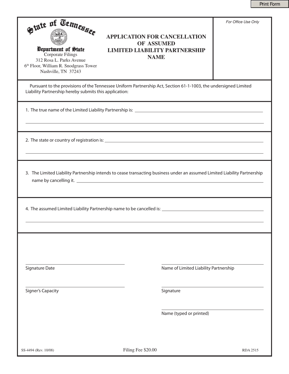 Form SS-4494 Application for Cancellation of Assumed Limited Liability Partnership Name - Tennessee, Page 1