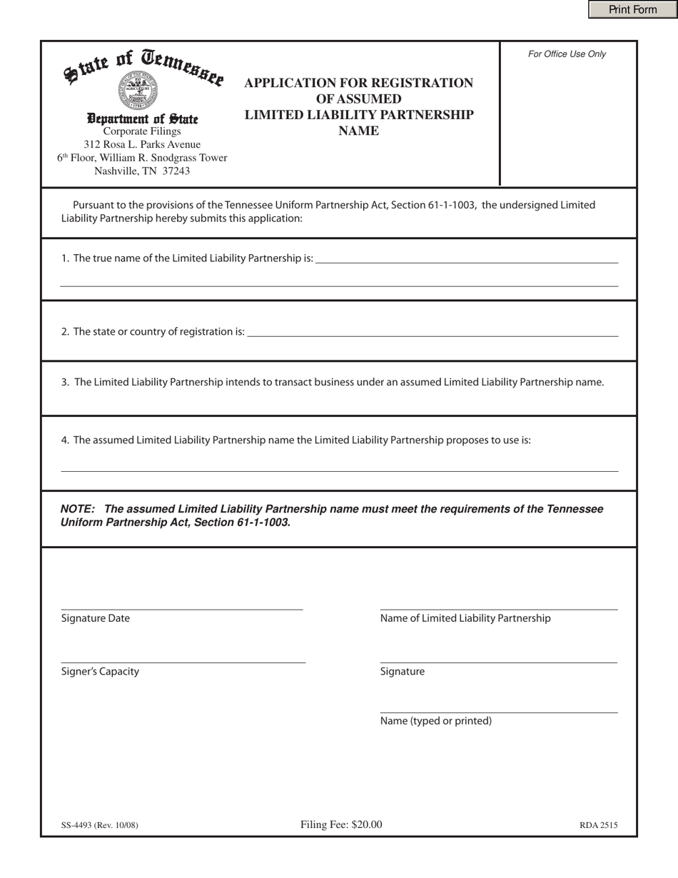 Form SS-4493 Application for Registration of Assumed Limited Liability Partnership Name - Tennessee, Page 1