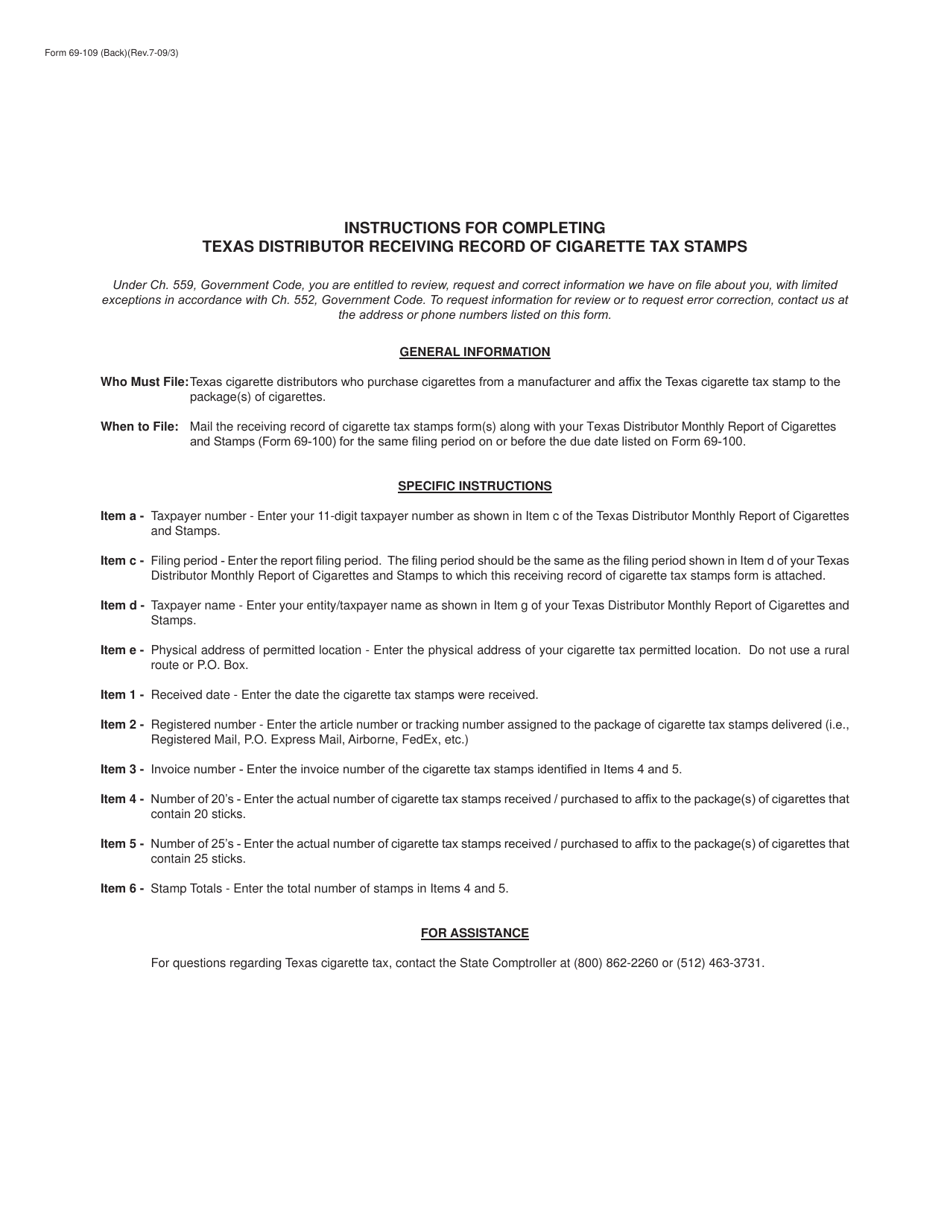 Form 69-109 Texas Distributor Receiving Record of Cigarette Tax Stamps - Texas, Page 2
