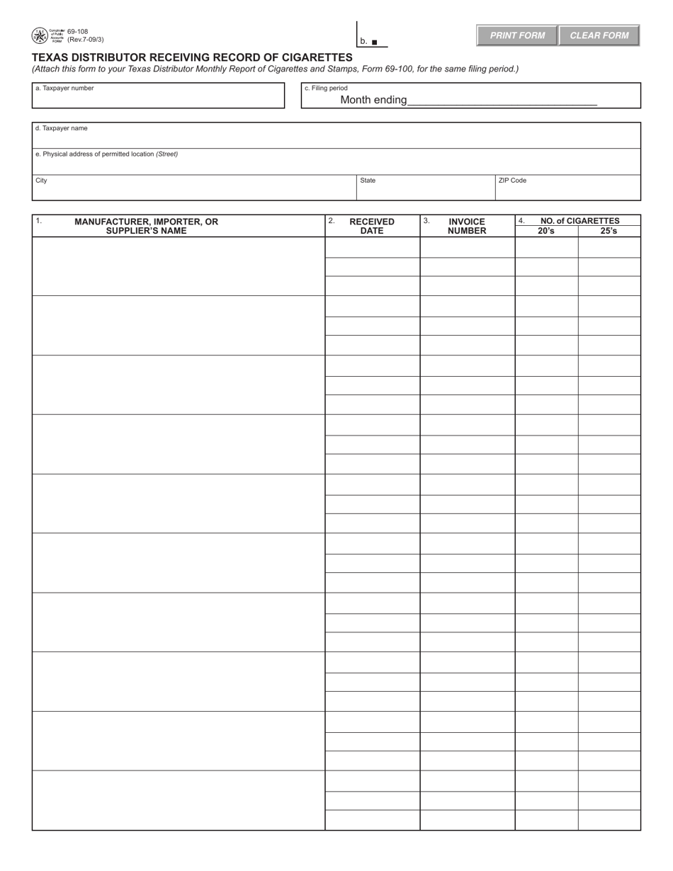 Form 69-108 Texas Distributor Receiving Record of Cigarettes - Texas, Page 1