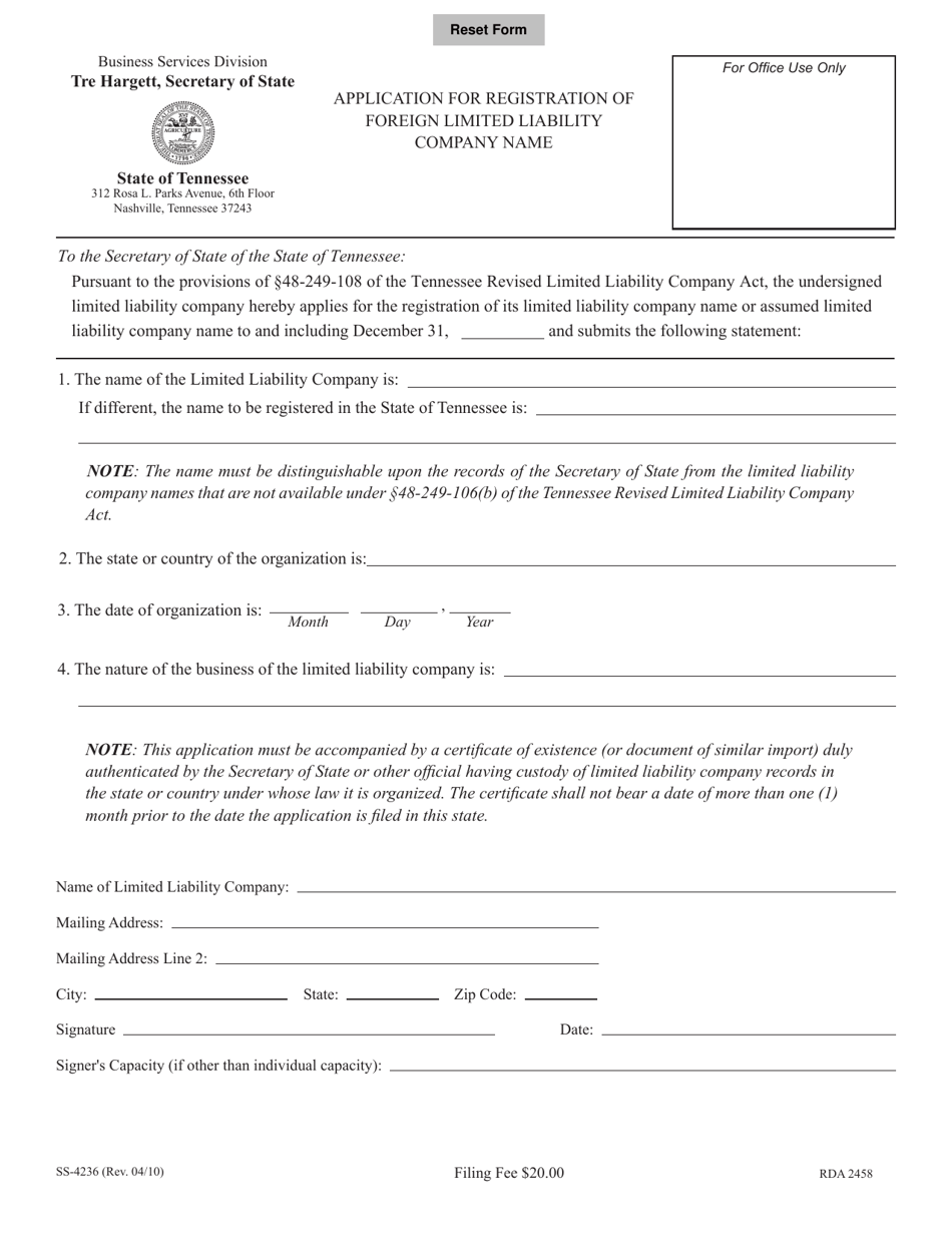 Form SS-4236 Application for Registration of Foreign Limited Liability Company Name - Tennessee, Page 1