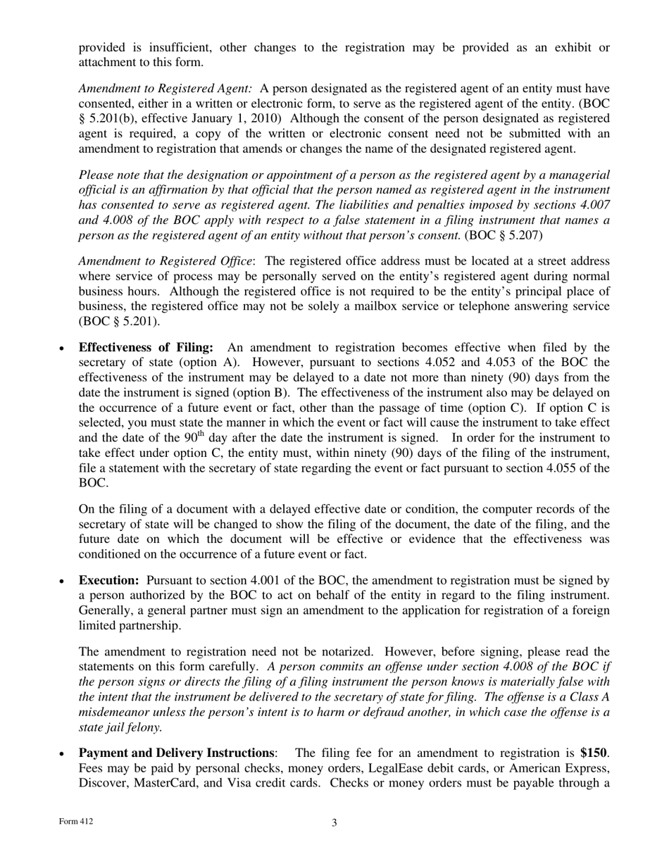 Form 412 Amendment to Registration of a Foreign Limited Partnership - Texas, Page 3