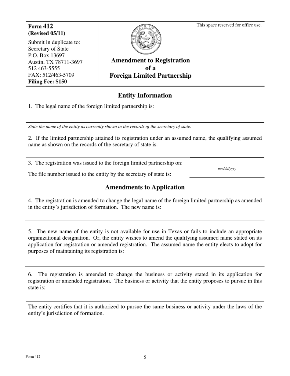 Form 412 Amendment to Registration of a Foreign Limited Partnership - Texas, Page 5