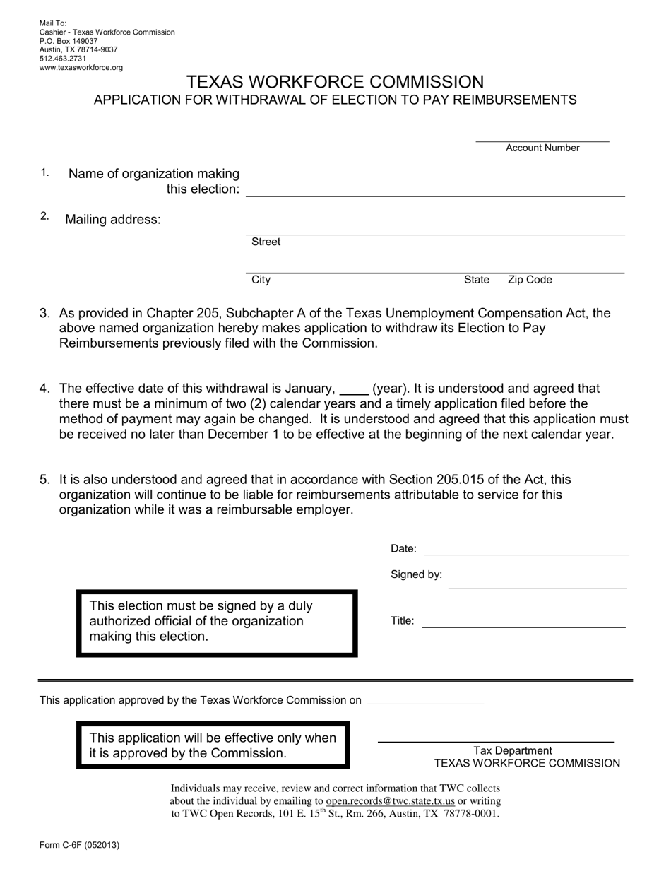Form C-6F Application for Withdrawal of Election to Pay Reimbursements - Texas, Page 1