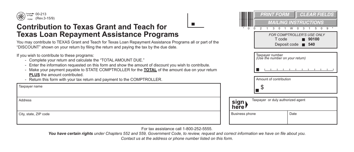 Form 00-213 Contribution to Texas Grant and Teach for Texas Loan Repayment Assistance Programs - Texas