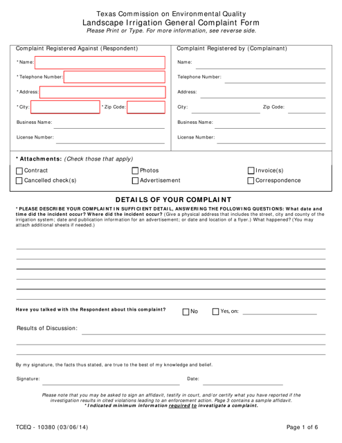 Form 10380 Landscape Irrigation General Complaint Form - Texas