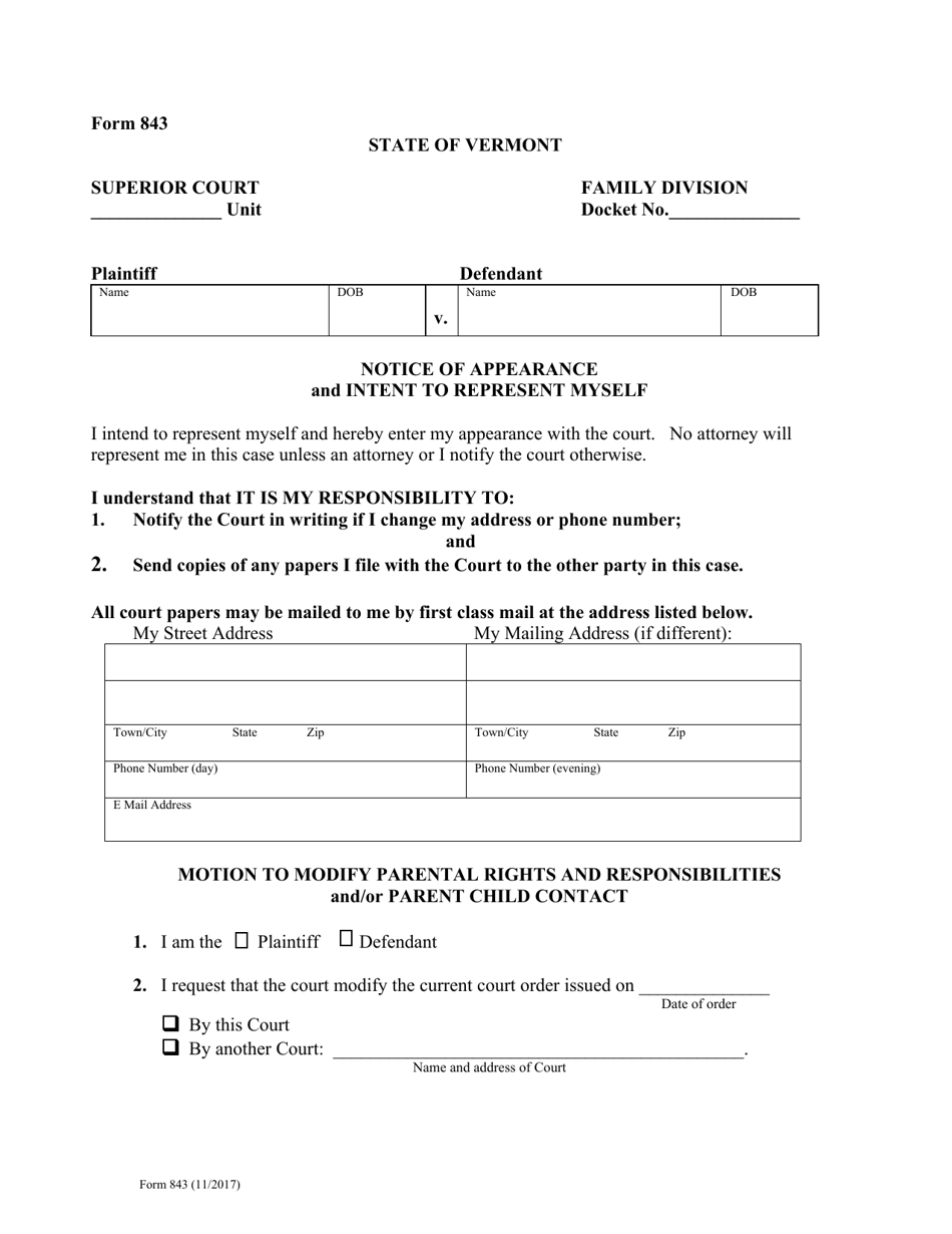 Form 843 Motion to Modify Parental Rights and Responsibilities and / or Parent Child Contact - Vermont, Page 1