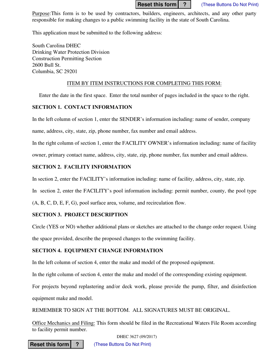 DHEC Form 3627 Swimming Pool Change Order Request Form - South Carolina, Page 2