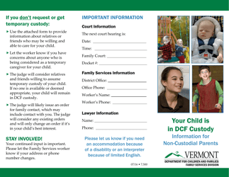 Form for Non-custodial Parents: Information About a Child in Temporary Dcf Custody - Vermont, Page 2