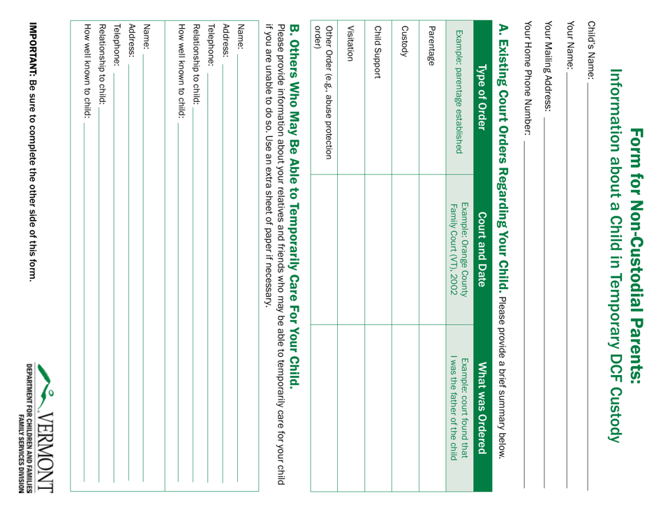 Form for Non-custodial Parents: Information About a Child in Temporary Dcf Custody - Vermont, Page 3