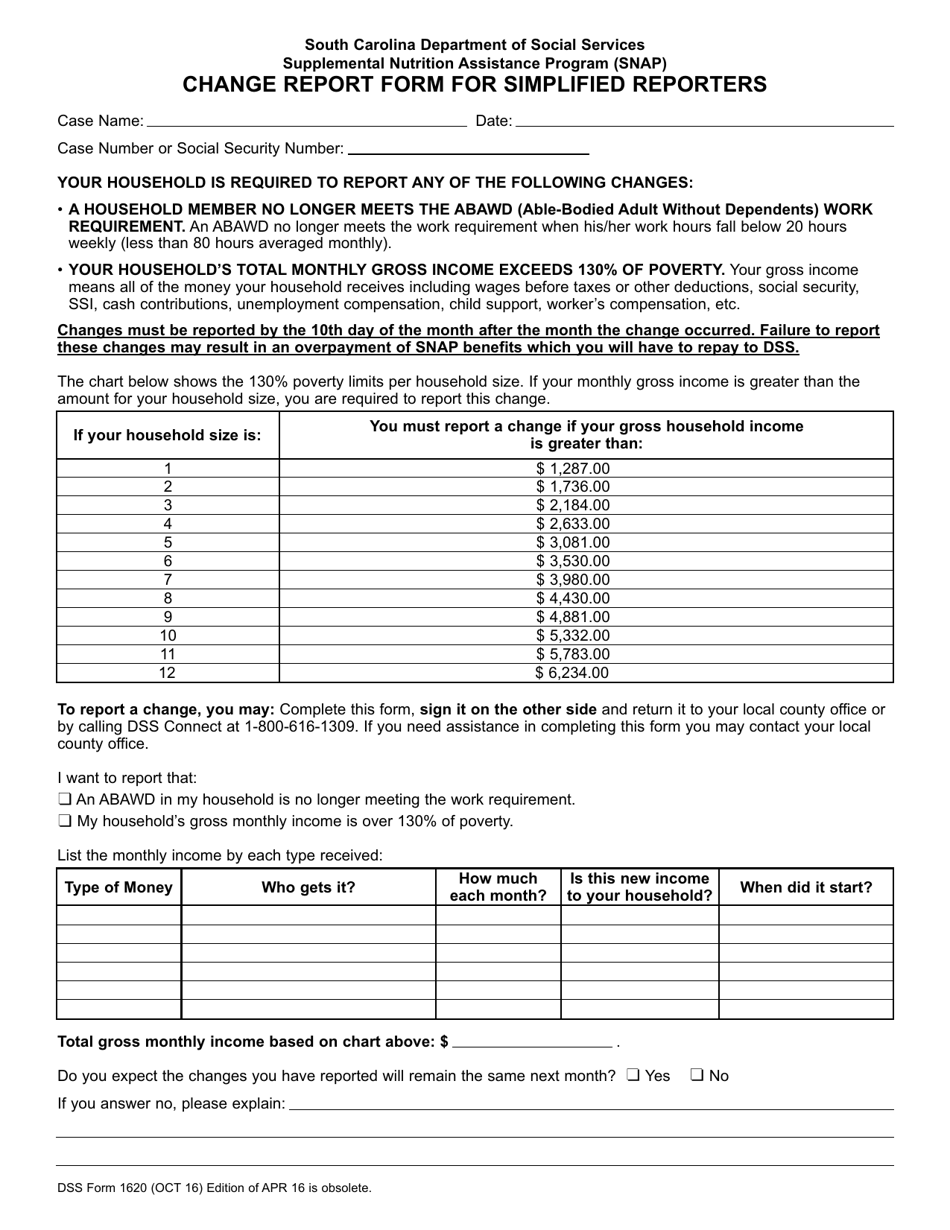 DSS Form 1620 Change Report Form for Simplified Reporters - South Carolina, Page 1