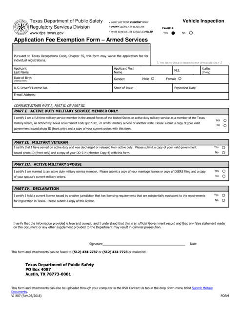 Form VI807 Application Fee Exemption Form - Armed Services - Texas