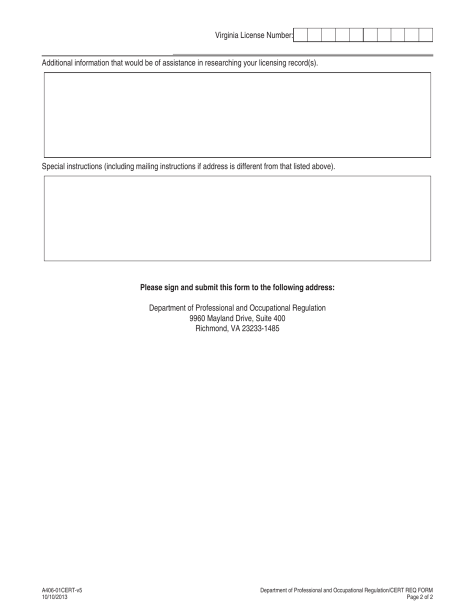 Form A406-01CERT Certification Request Form - Virginia, Page 2