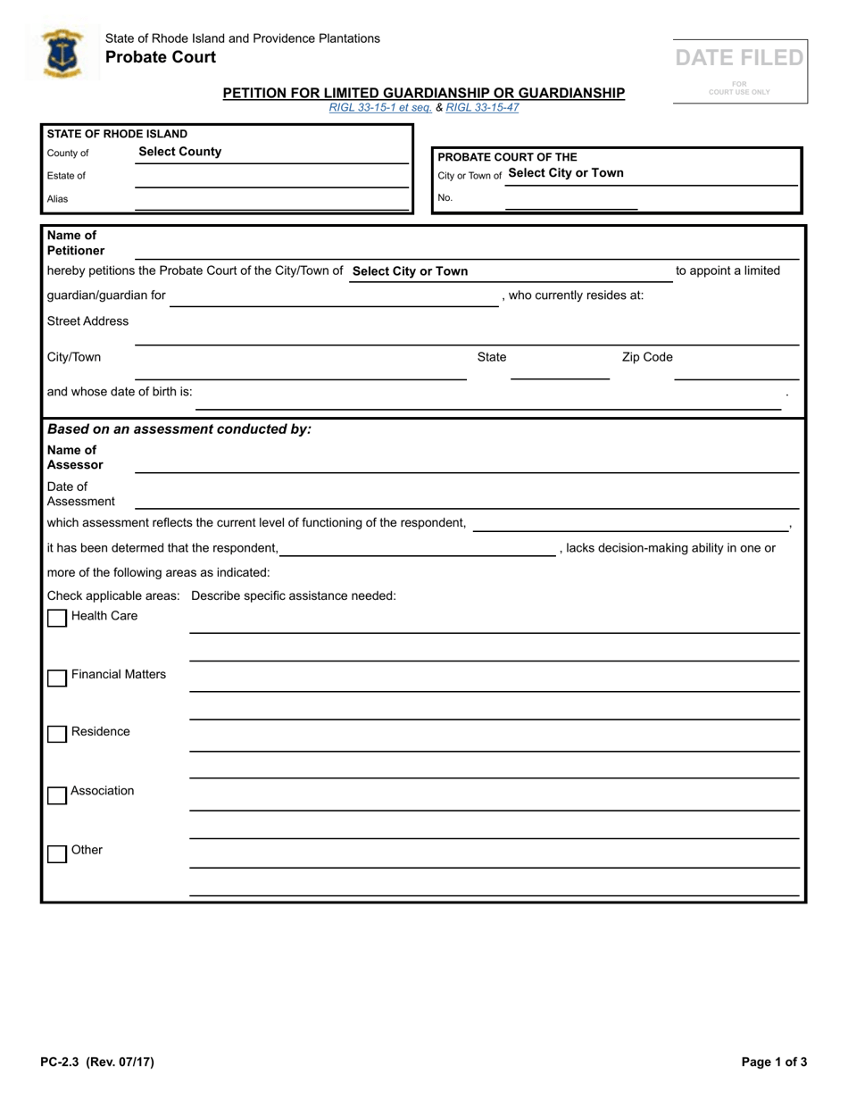 Form PC-2.3 Petition for Limited Guardianship or Guardianship - Rhode Island, Page 1