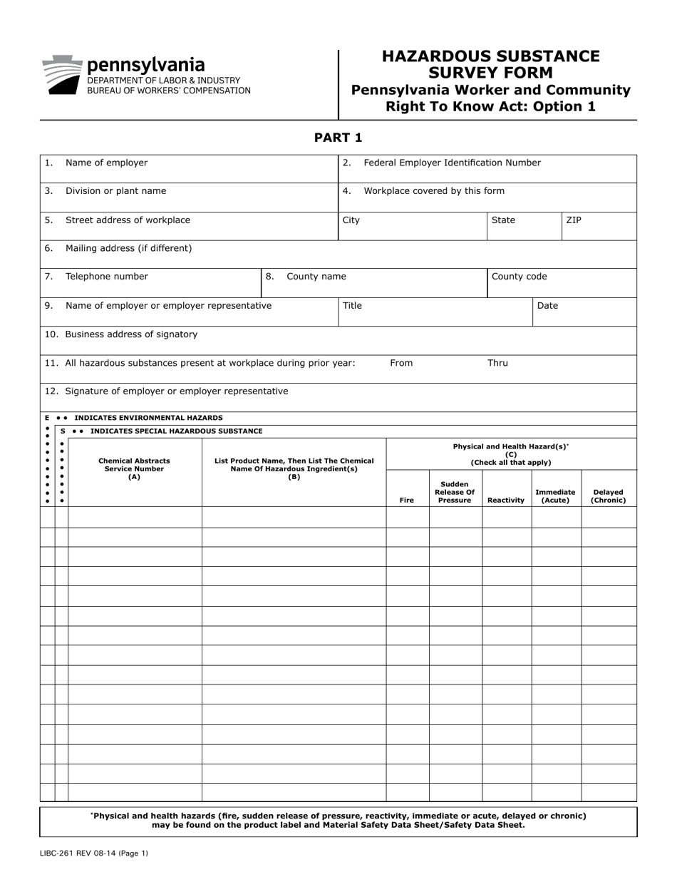Form LIBC-281 Hazardous Substance Survey Form - Pennsylvania, Page 1