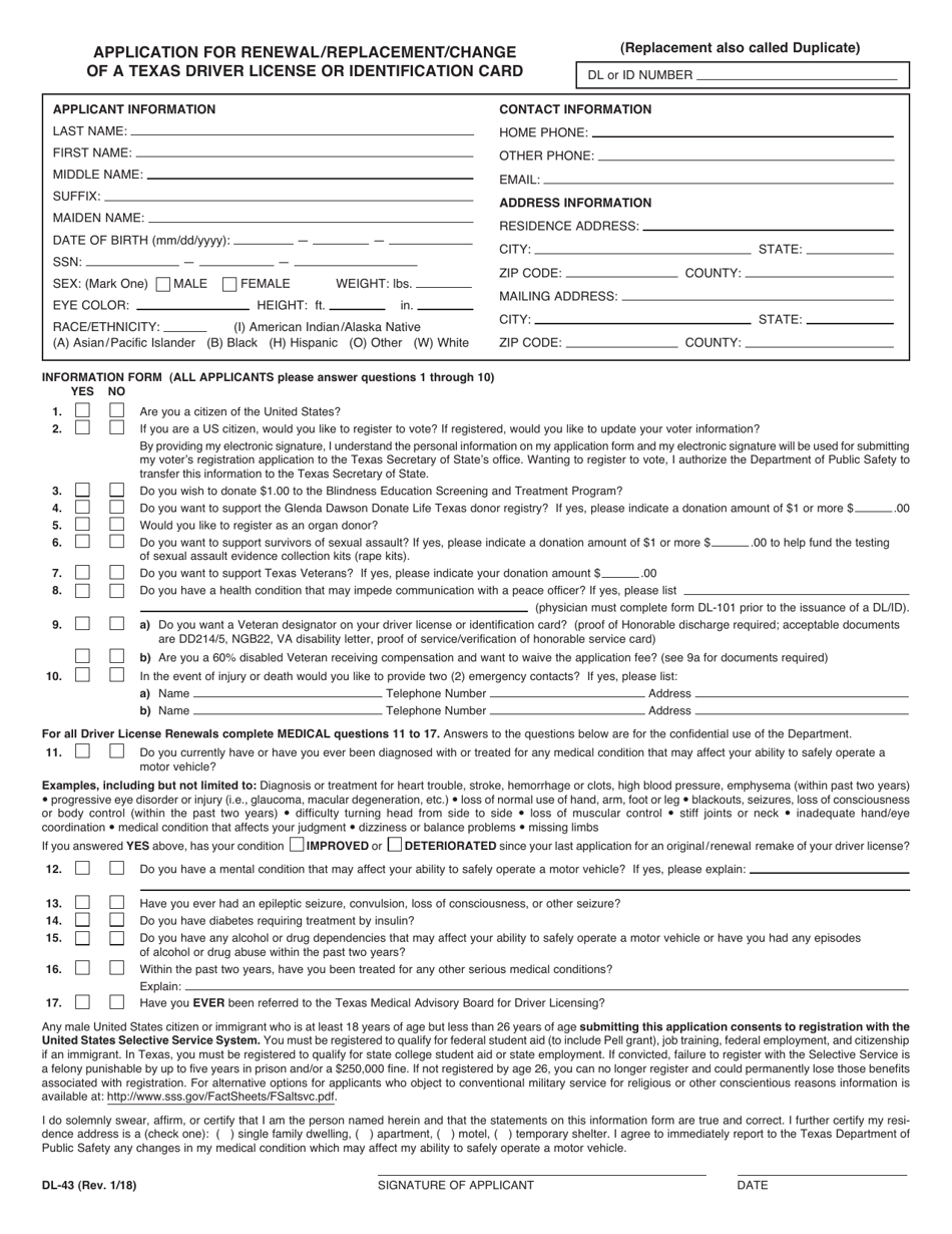 Form DL-43 Application for Renewal / Replacement / Change of a Texas Driver License or Identification Card - Texas (English / Spanish), Page 1