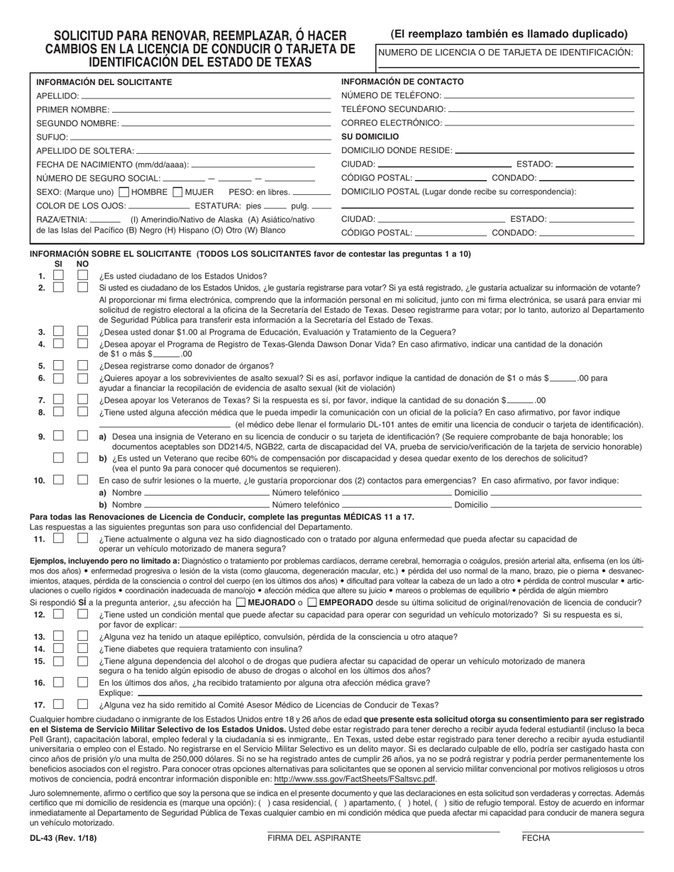 Form DL 43 Application For Renewal Replacement Change Of A Texas Driver 