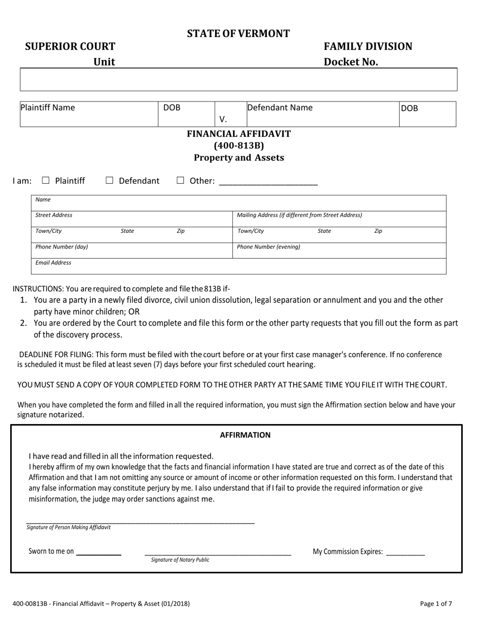 Form 400-00813B Financial Affidavit Property and Assets - Vermont, Page 1