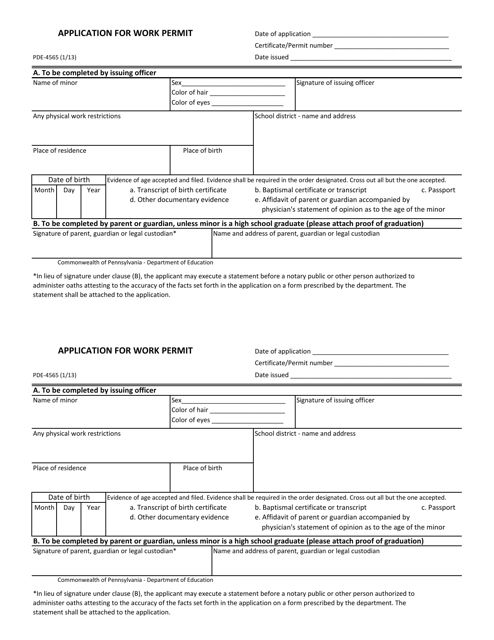 Form PDE-4565 Application for Work Permit - Pennsylvania