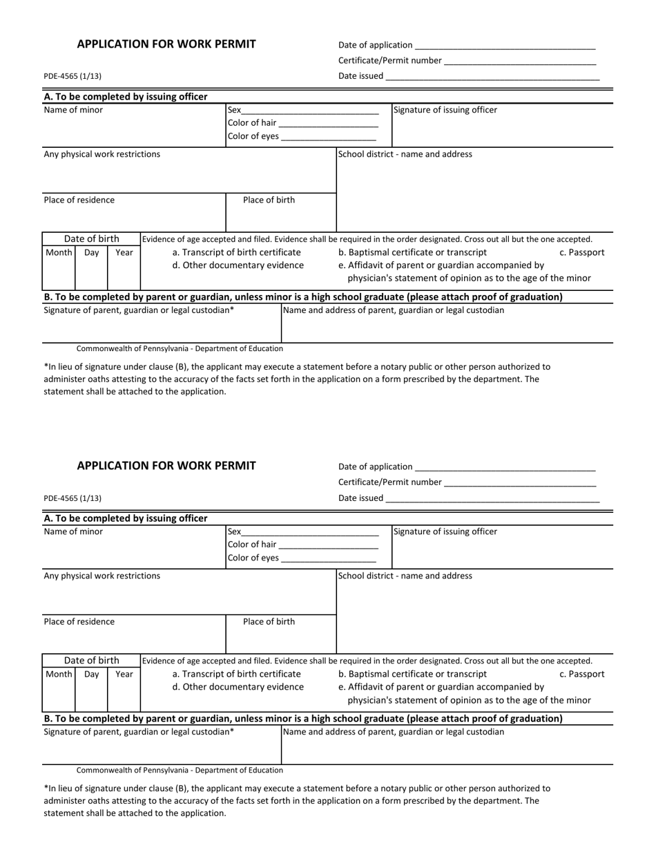 Form PDE-4565 Application for Work Permit - Pennsylvania, Page 1