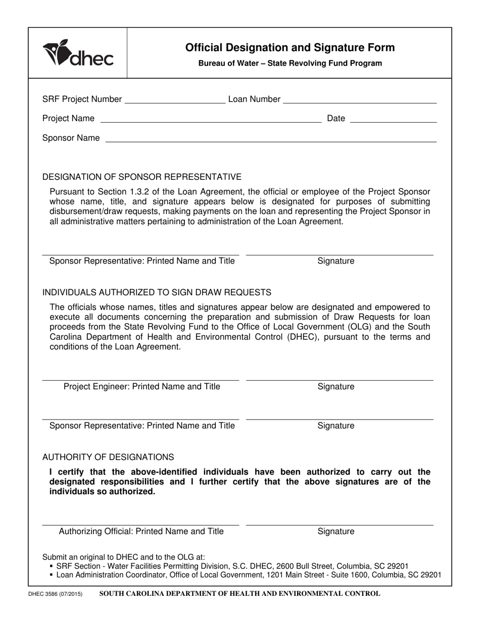 DHEC Form 3586 Official Designation and Signature Form - South Carolina, Page 1