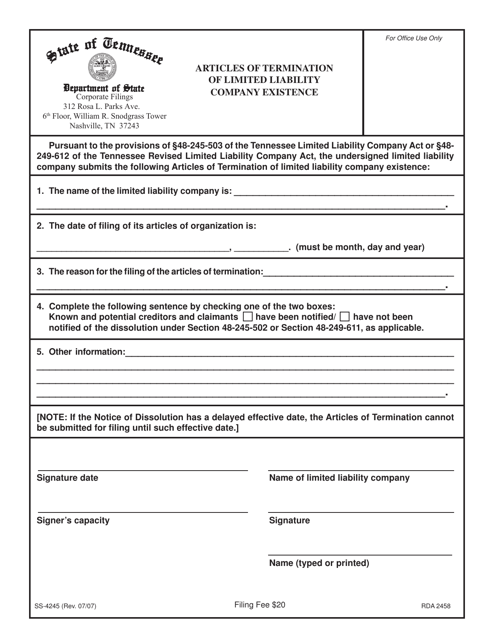 Form SS-425 Articles of Termination of Limited Liability Company Existence - Tennessee
