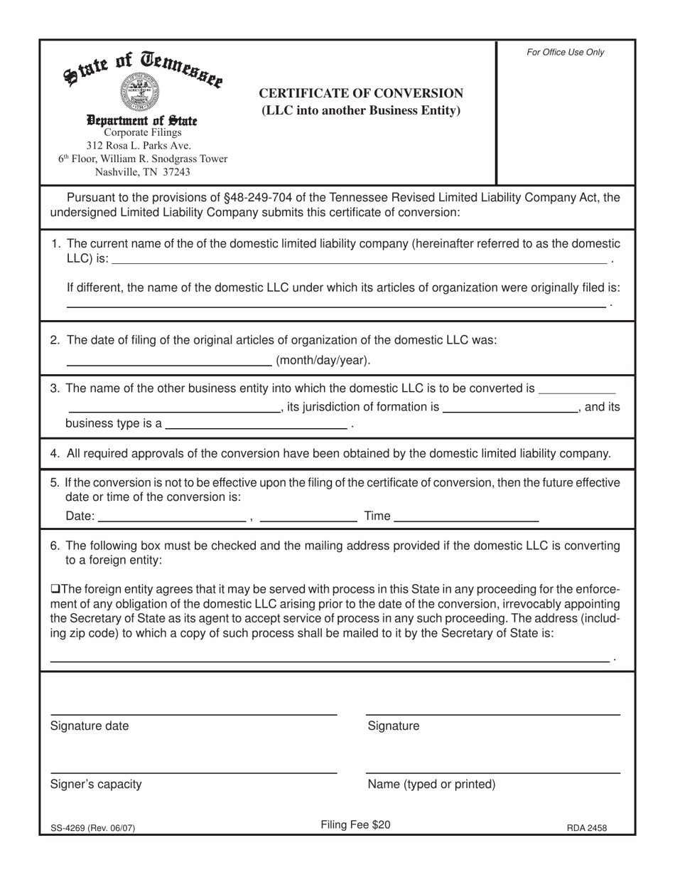 Form SS-4269 Certificate of Conversion (LLC Into Another Business Entity) - Tennessee, Page 1