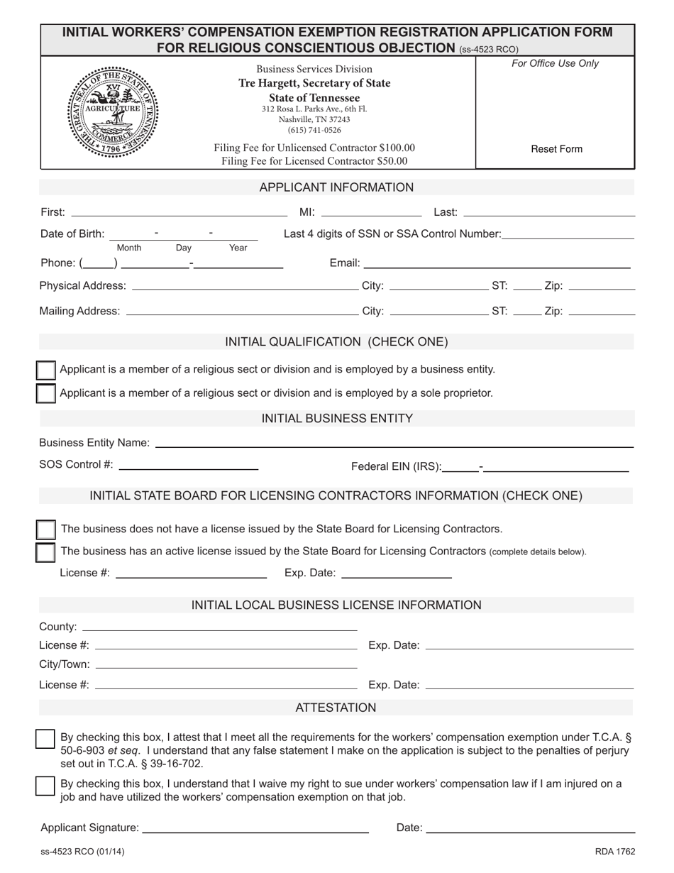 Form SS-4523 RCO Initial Workers Compensation Exemption Registration Application Form for Religious Conscientious Objection - Tennessee, Page 5