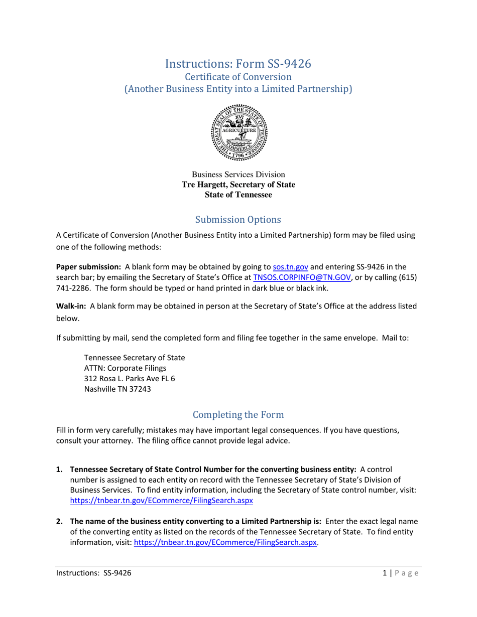 Form SS-9426 Conversion to a Limited Partnership (Another Business Entity Into a Lp) - Tennessee, Page 1