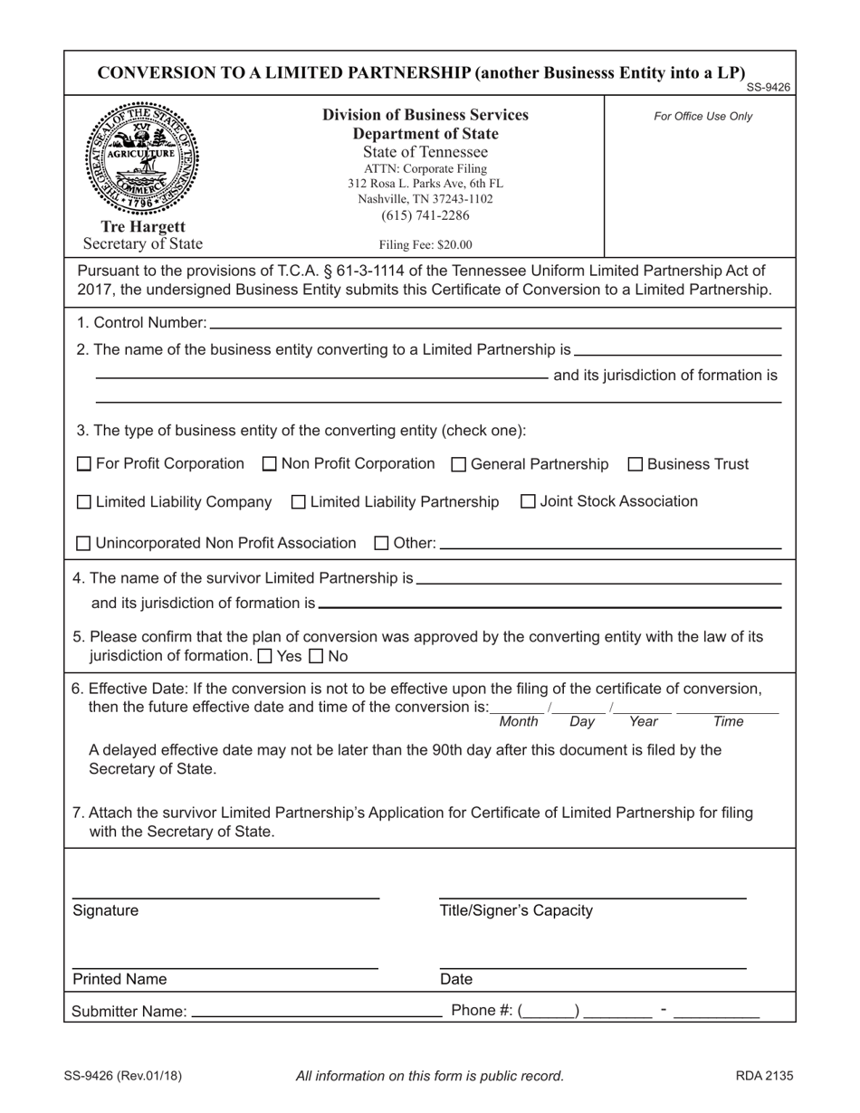 Form SS-9426 Conversion to a Limited Partnership (Another Business Entity Into a Lp) - Tennessee, Page 3