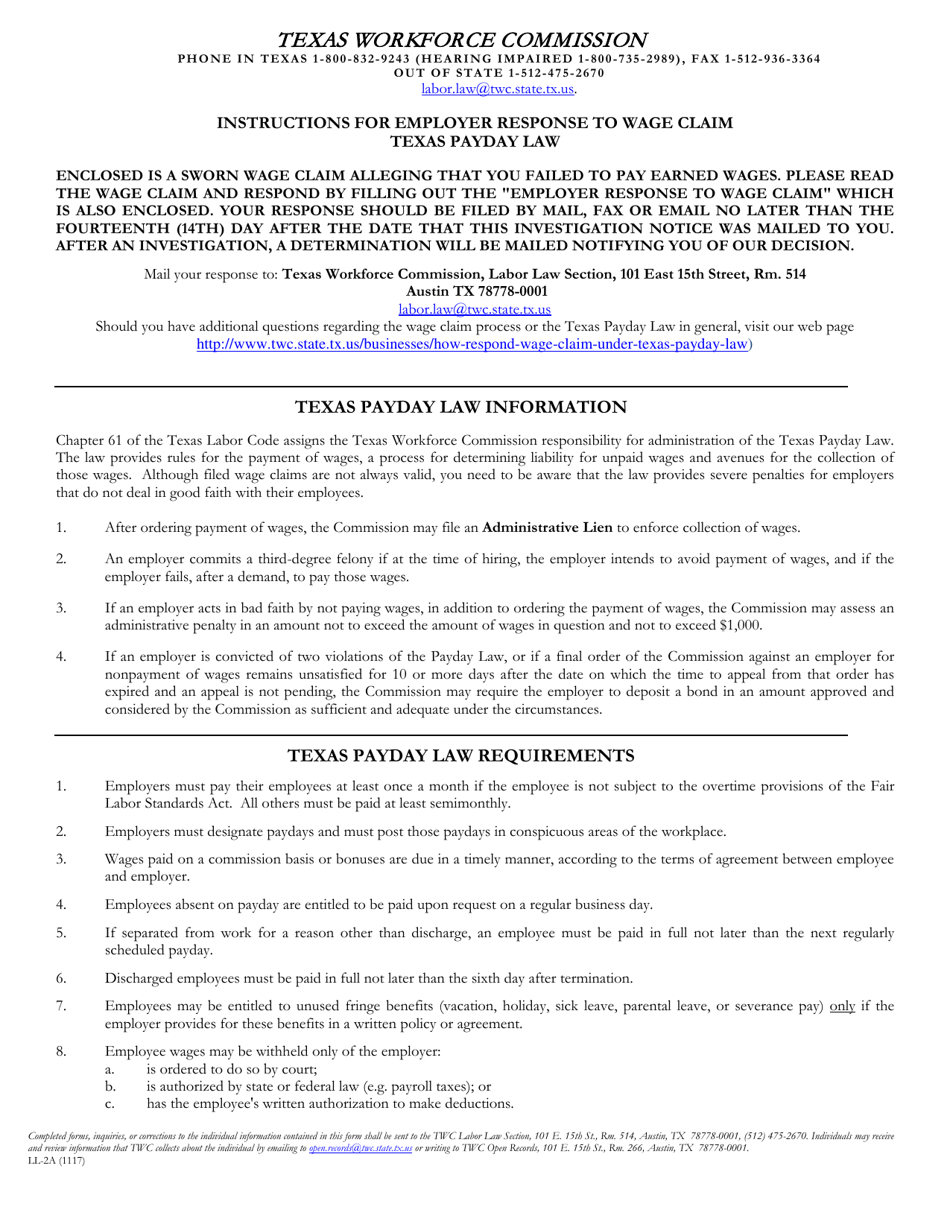 Form LL-2 Employer Response to Wage Claim - Texas, Page 1