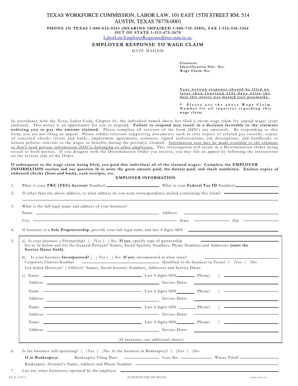 Form LL-2 Employer Response to Wage Claim - Texas, Page 3