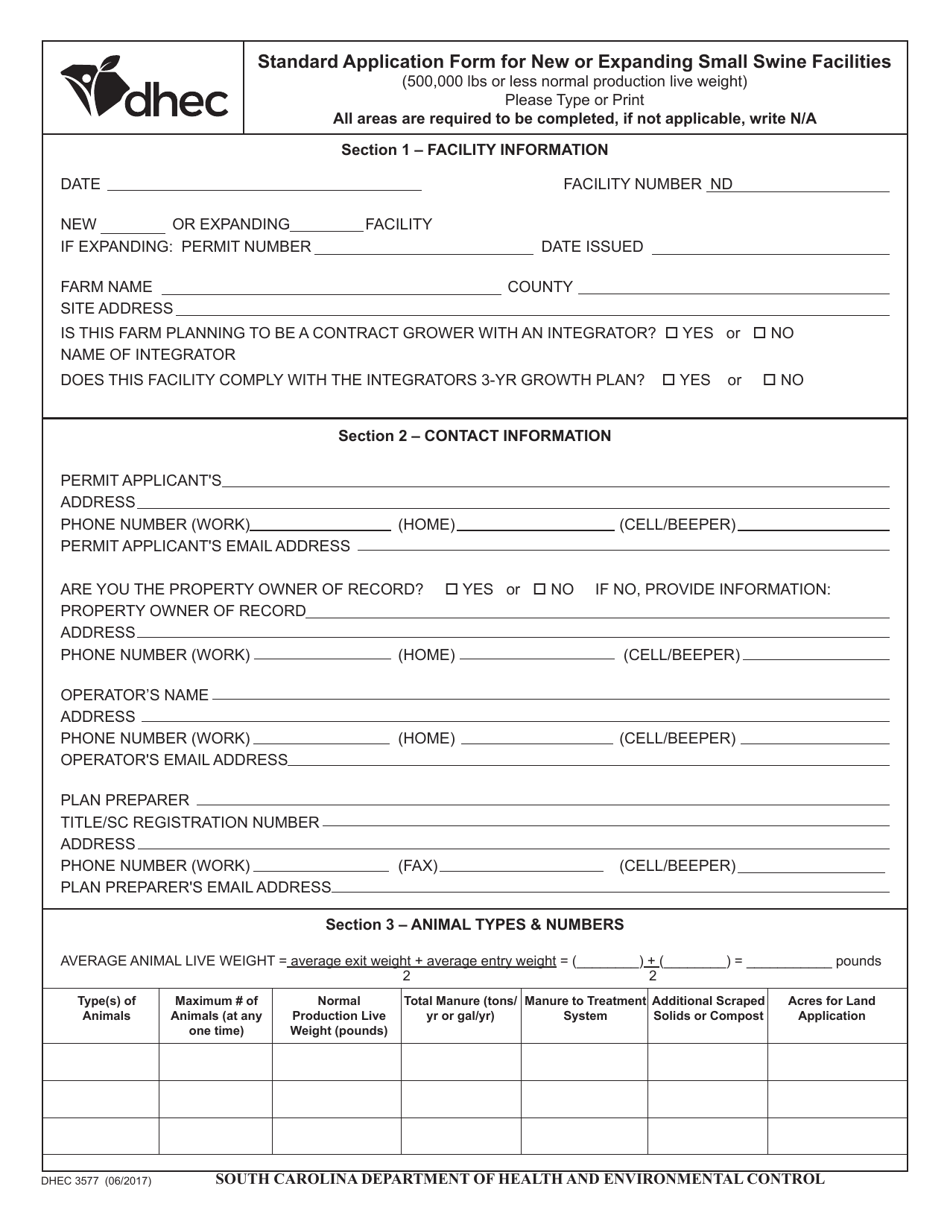 DHEC Form 3577 Standard Application Form for New or Expanding Small Swine Facilities (500,000 Lbs or Less) - South Carolina, Page 1