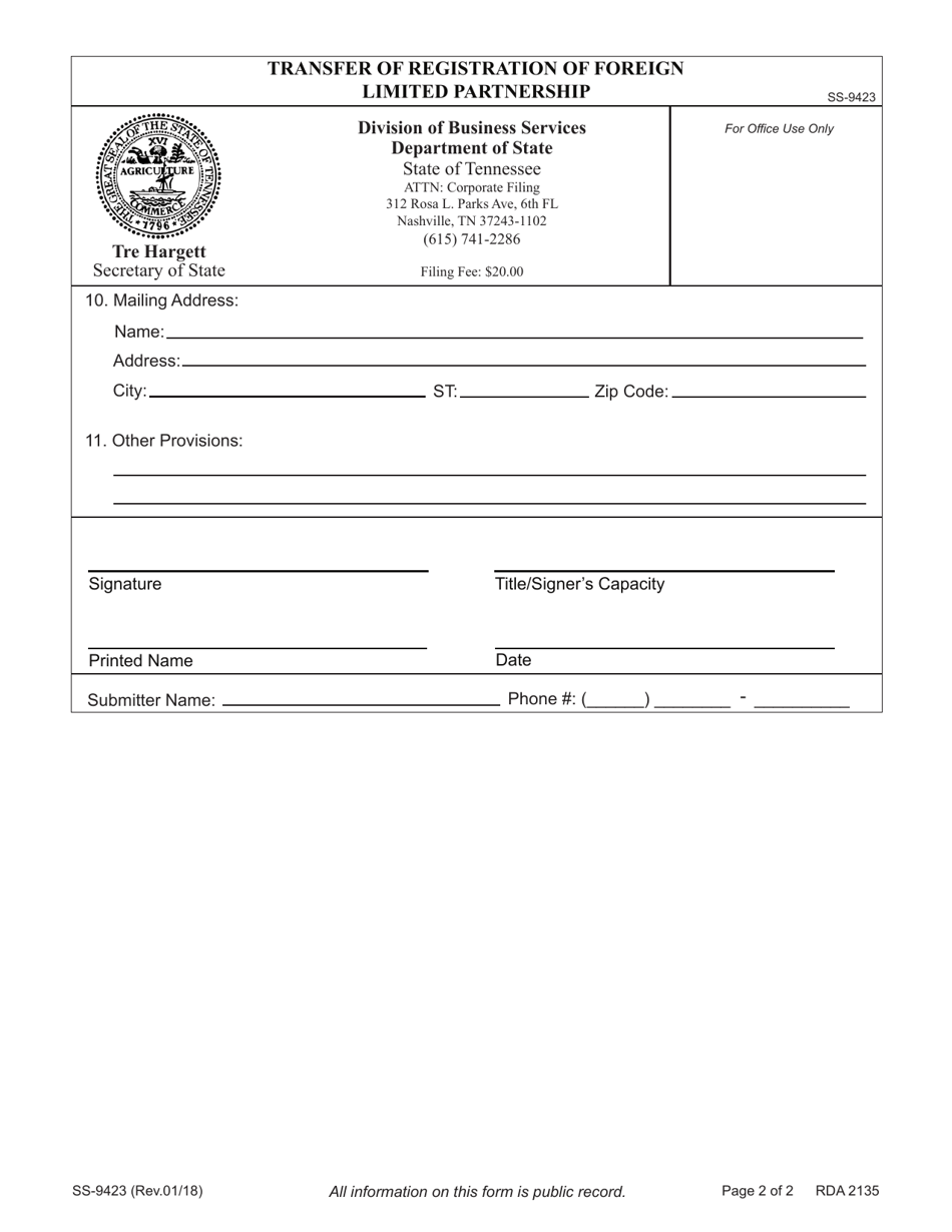 Form SS-9423 Transfer of Registration of Foreign Limited Partnership - Tennessee, Page 5